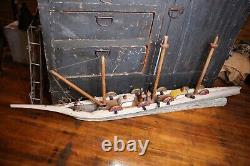 Vintage Folk Art Wooden Model Pirate Ship wood sail boat canons 58 Parts Repair