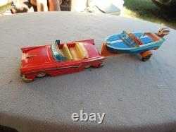 Vintage Haji Tin Friction 1957 Ford & Speed Boat On Trailer Parts Estate Find