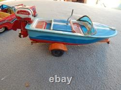 Vintage Haji Tin Friction 1957 Ford & Speed Boat On Trailer Parts Estate Find