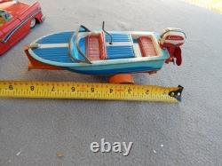 Vintage Haji Tin Friction 1957 Ford & Speed Boat On Trailer Parts Estate Find