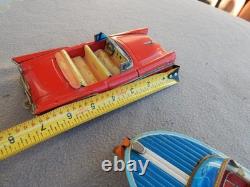 Vintage Haji Tin Friction 1957 Ford & Speed Boat On Trailer Parts Estate Find