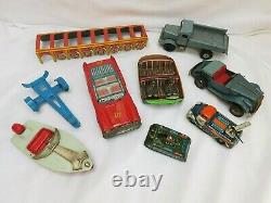 Vintage Japan Tin Litho Toy Lot For Parts Bulls Eye Boat Tank Service Truck