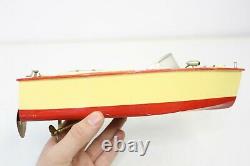 Vintage Motorized Wood Toy Boat Red Beige Tin Parts Wood Hull -M81