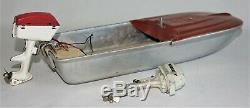 Vintage Reeves Silver Skipper Boat Tin Toy Motorized Mercury Parts or Repair