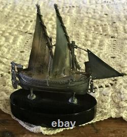 Vintage Stamped Silver miniature Schooner sailing ship, boat, vessel on stand