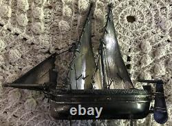 Vintage Stamped Silver miniature Schooner sailing ship, boat, vessel on stand