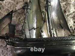 Vintage Stamped Silver miniature Schooner sailing ship, boat, vessel on stand