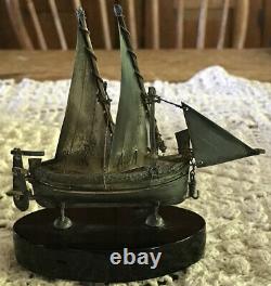 Vintage Stamped Silver miniature Schooner sailing ship, boat, vessel on stand