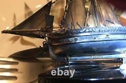 Vintage Stamped Silver miniature Schooner sailing ship, boat, vessel on stand