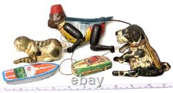 Vintage Tin 5 Toy Lot, Marx Flipo, Kohler Cat, Boat, Car, Climbing Monkey, Parts, Steel