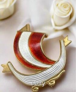 Vintage Viking Ship Brooch AKSEL HOLMSEN Silver 925 Guilloche Enamel RED White