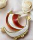 Vintage Viking Ship Brooch Aksel Holmsen Silver 925 Guilloche Enamel Red White