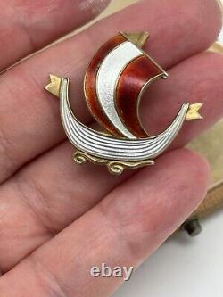 Vintage Viking Ship Brooch AKSEL HOLMSEN Silver 925 Guilloche Enamel RED White