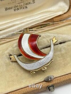 Vintage Viking Ship Brooch AKSEL HOLMSEN Silver 925 Guilloche Enamel RED White