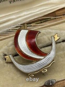 Vintage Viking Ship Brooch AKSEL HOLMSEN Silver 925 Guilloche Enamel RED White