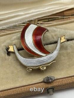 Vintage Viking Ship Brooch AKSEL HOLMSEN Silver 925 Guilloche Enamel RED White