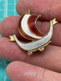 Vintage Viking Ship Brooch AKSEL HOLMSEN Silver 925 Guilloche Enamel RED White