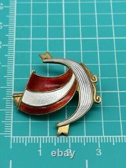 Vintage Viking Ship Brooch AKSEL HOLMSEN Silver 925 Guilloche Enamel RED White
