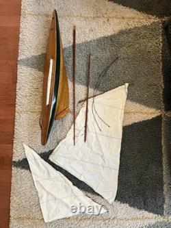 Vintage Wooden 85 Cup Racer 35 Pond Yacht Model Sailboat For Parts Or Restore
