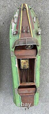 Vintage Wooden Battery Powered Toy Boat Inboard Motor As-Is For Parts Or Repair