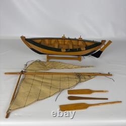 Vintage Wooden Sailboat Model Boat 15 with Stand Sails Oars Parts Repair Display