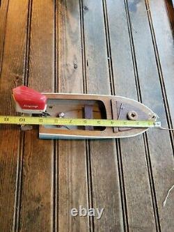 Vintage Wooden Toy Boat With Lang Craft Outboard Motor Japan / Not Tested /Parts