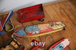 Vintage antique tin litho toy lot boats airplanes monkey tractor PARTS REPAIR