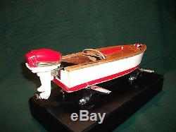 Vtg Fleet line toy boat, out board motor wooden hull Pond parts electric Classic